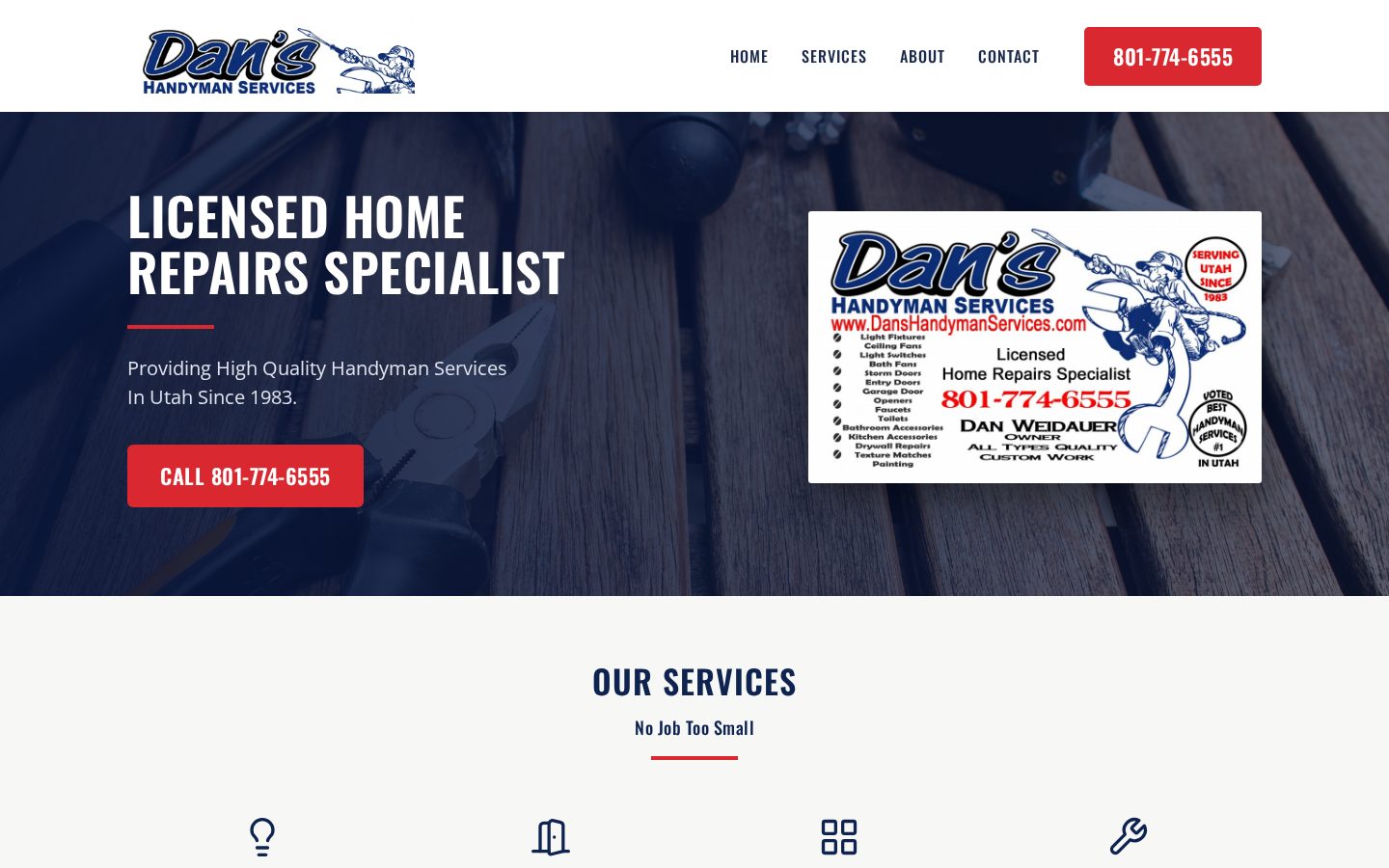 Homepage of the Dan's Handyman Services website built by Jace